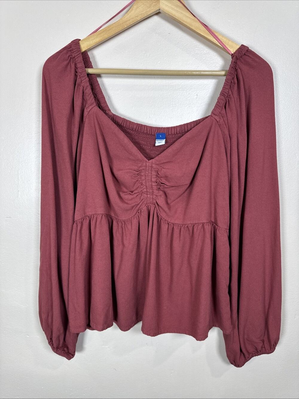Old Navy Womens Babydoll Top L Ruched Balloon Sleeve Peasant Boho Cottage - Picture 1 of 6